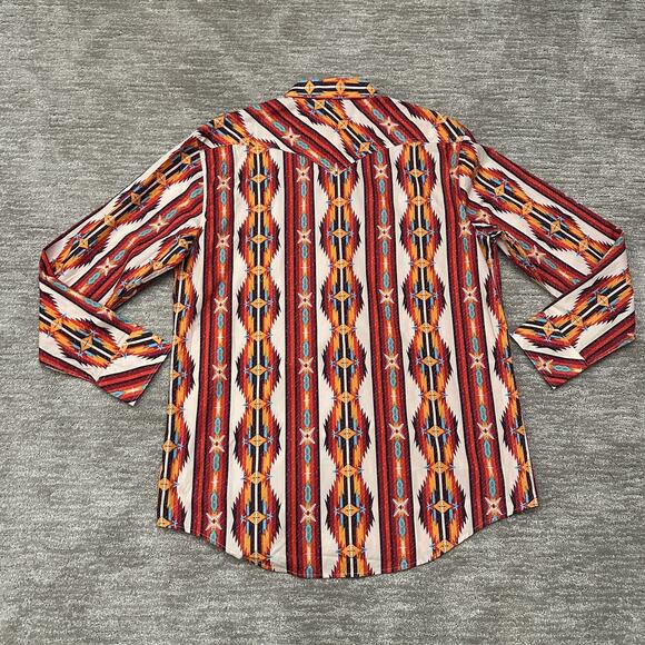 Rock & Roll Denim Shirt Mens XL Orange Blue Western Pearl Snap Aztec Retro - Picture 5 of 12